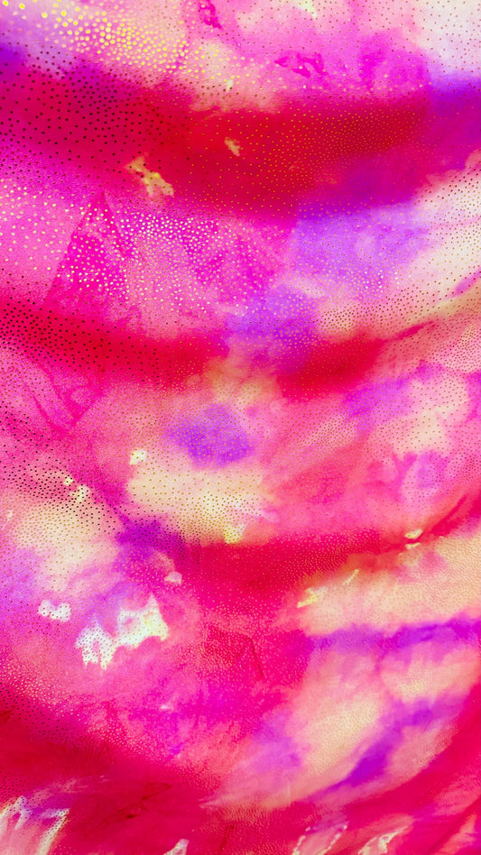 New tie dye nylon spandex with foil  4way Stretch coral/yellow  58/60”  sold by the yd. ships worldwide from Los Angeles California USA