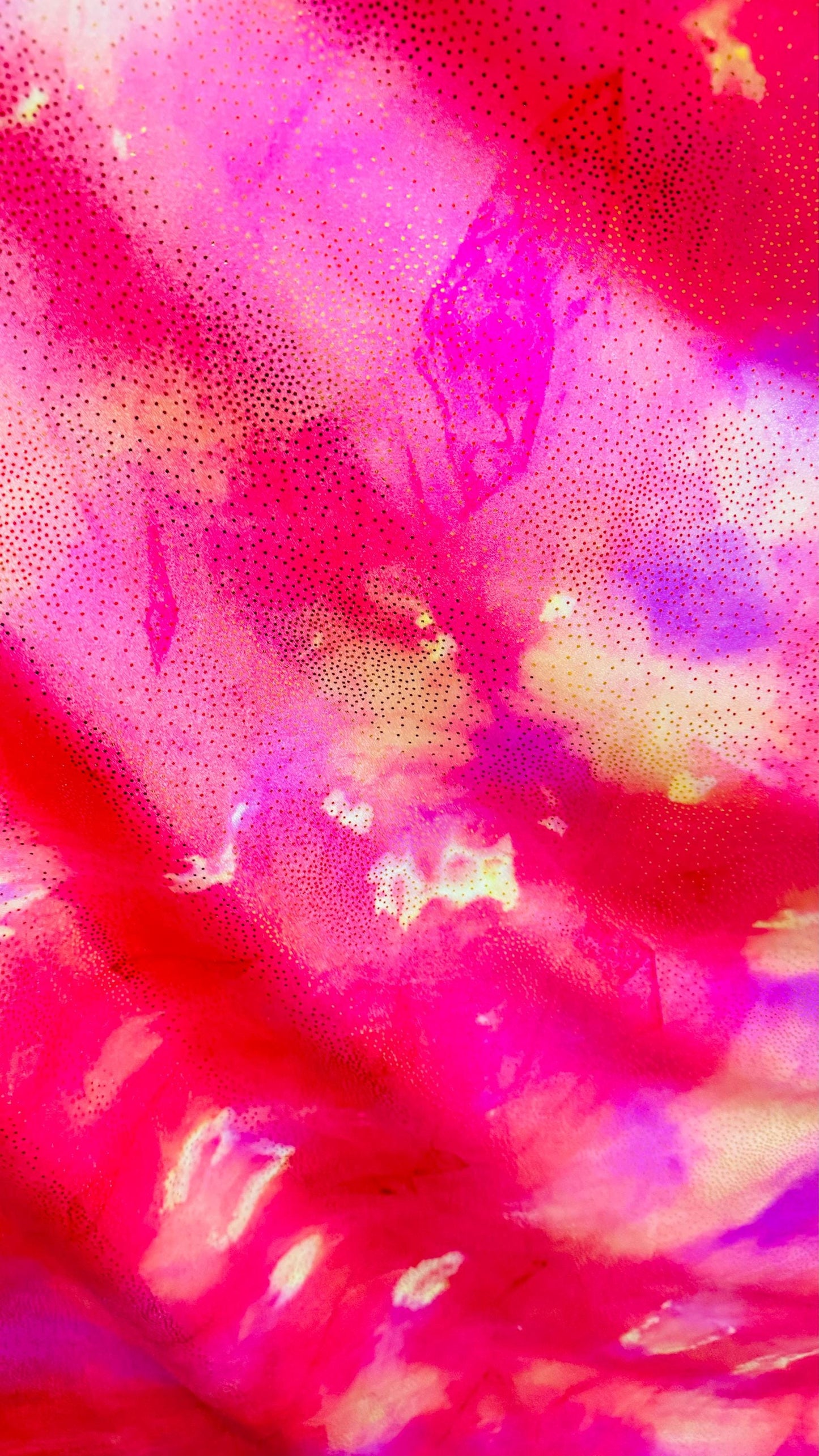 New tie dye nylon spandex with foil  4way Stretch coral/yellow  58/60”  sold by the yd. ships worldwide from Los Angeles California USA
