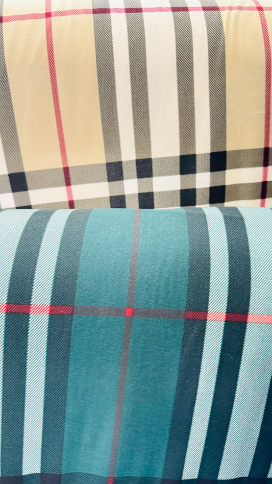 Luxury fashion plaid design print on poly spandex 4way stretch 58/60” Sold by the YD. Ships worldwide from Los Angeles California USA