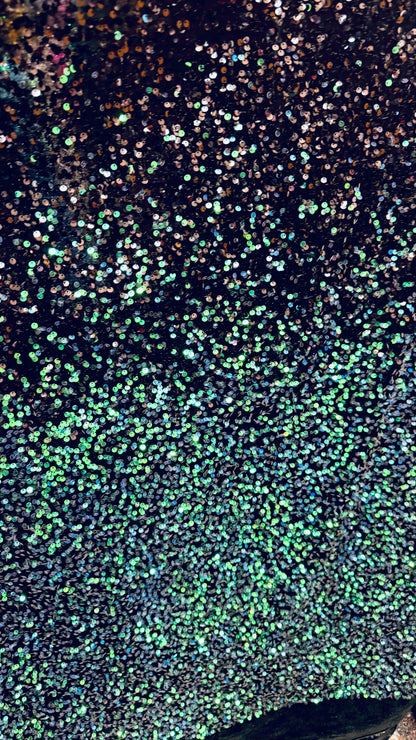 Luxury Ombre sequins Black-Peacock green on  4-way stretch velvet 58/60” high quality fabrics by AlexLAFabrics