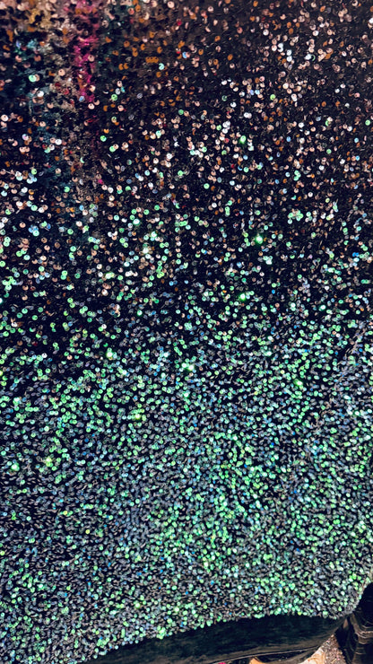 Luxury Ombre sequins Black-Peacock green on  4-way stretch velvet 58/60” high quality fabrics by AlexLAFabrics