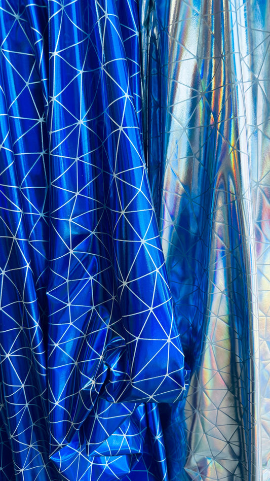 New shattered glass design Iridescent foil metallic nylon spandex 4-way stretch 58/60” Sold by the YD. Ships Worldwide from Los Angeles CA