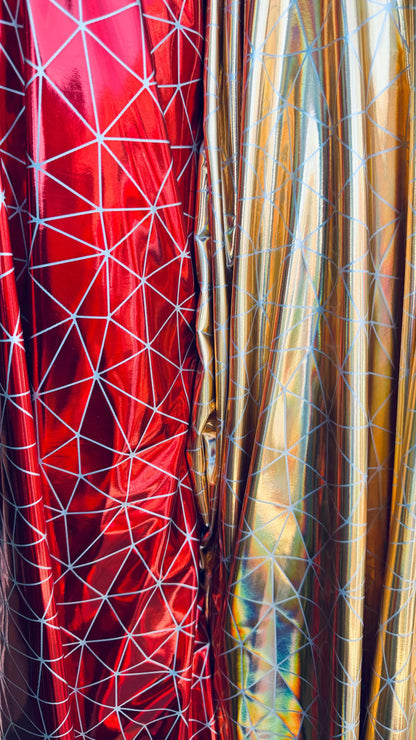 New shattered glass design Iridescent foil metallic nylon spandex 4-way stretch 58/60” Sold by the YD. Ships Worldwide from Los Angeles CA