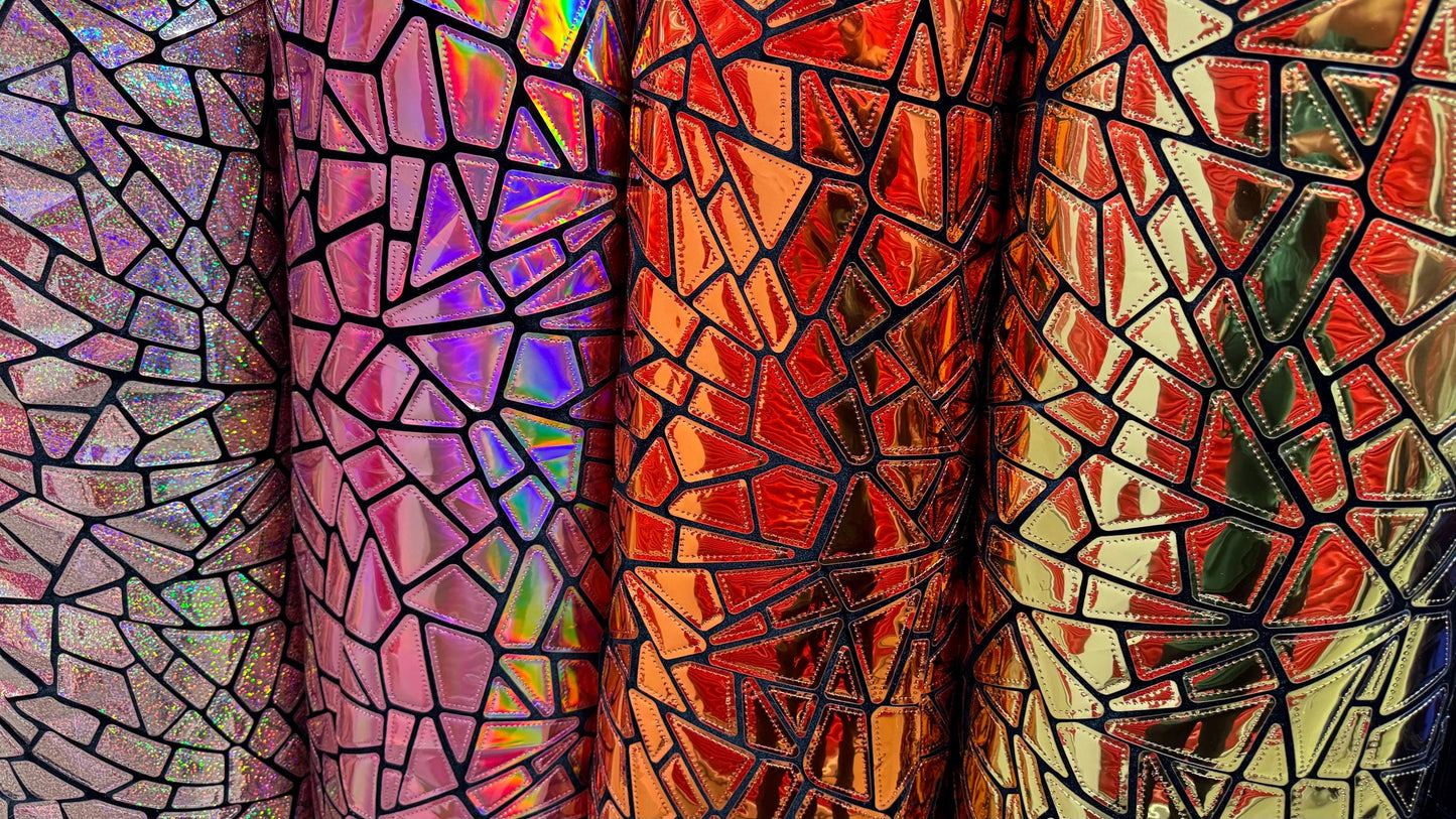 New colors shattered glass design Iridescent foil sequins embroidered on stretch velvet 4-way 58/60” Sold by the YD. Ships Worldwide