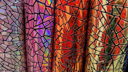 New colors shattered glass design Iridescent foil sequins embroidered on stretch velvet 4-way 58/60” Sold by the YD. Ships Worldwide