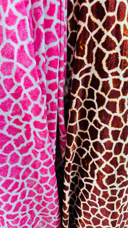 Giraffe Exotic design print on good quality of stretch velvet 4way 58/60" Sold by the YD. Ships worldwide from Los Angeles California USA.