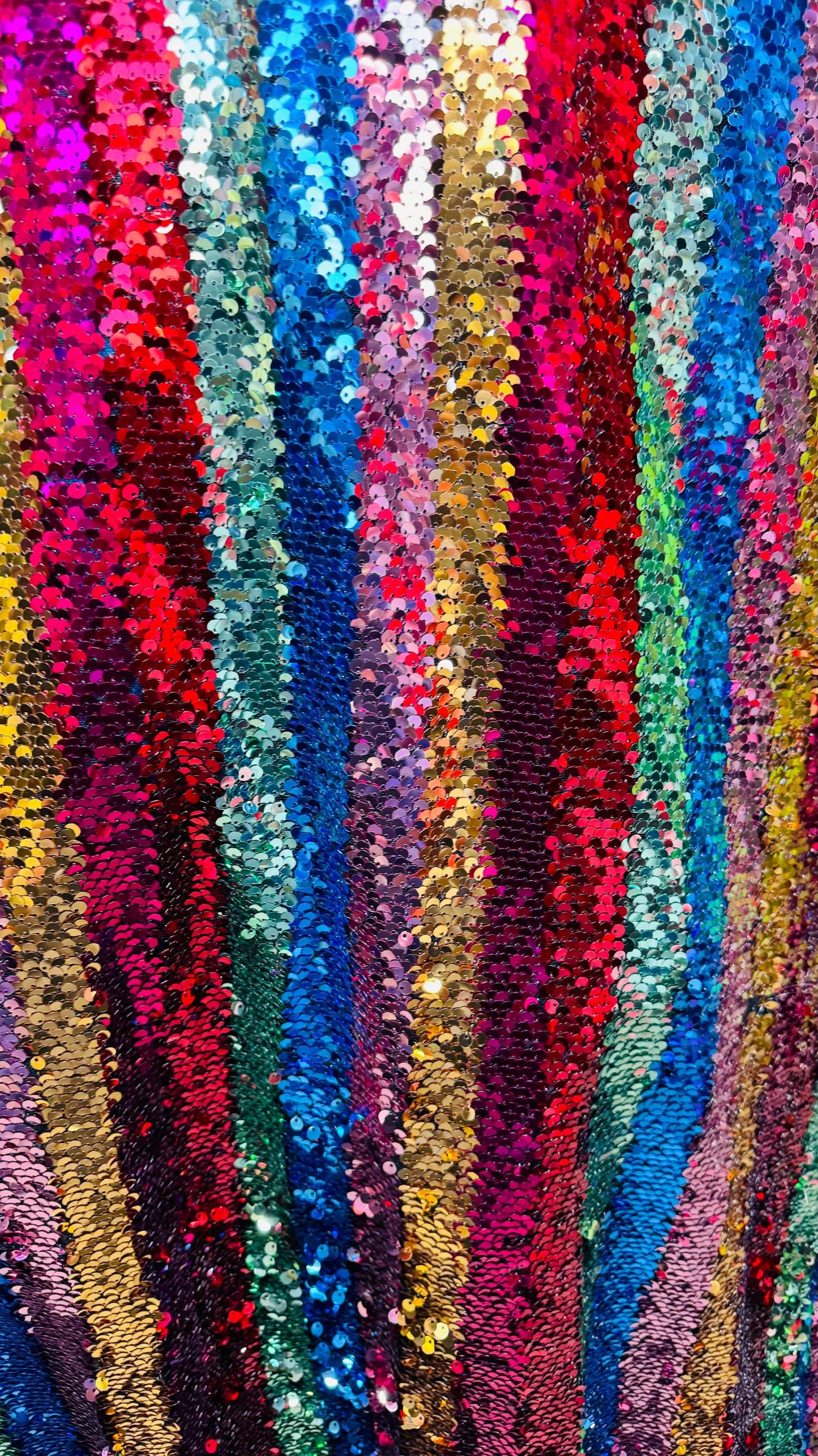 New Stripes design multicolor rainbow sequins on stretch mesh 4-way 55/57” Sold by the YD. Ships worldwide from Los Angeles California USA.
