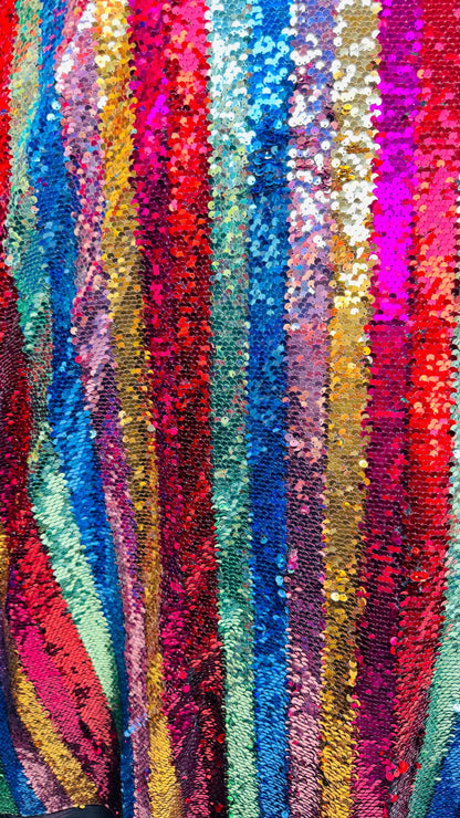 New Stripes design multicolor rainbow sequins on stretch mesh 4-way 55/57” Sold by the YD. Ships worldwide from Los Angeles California USA.