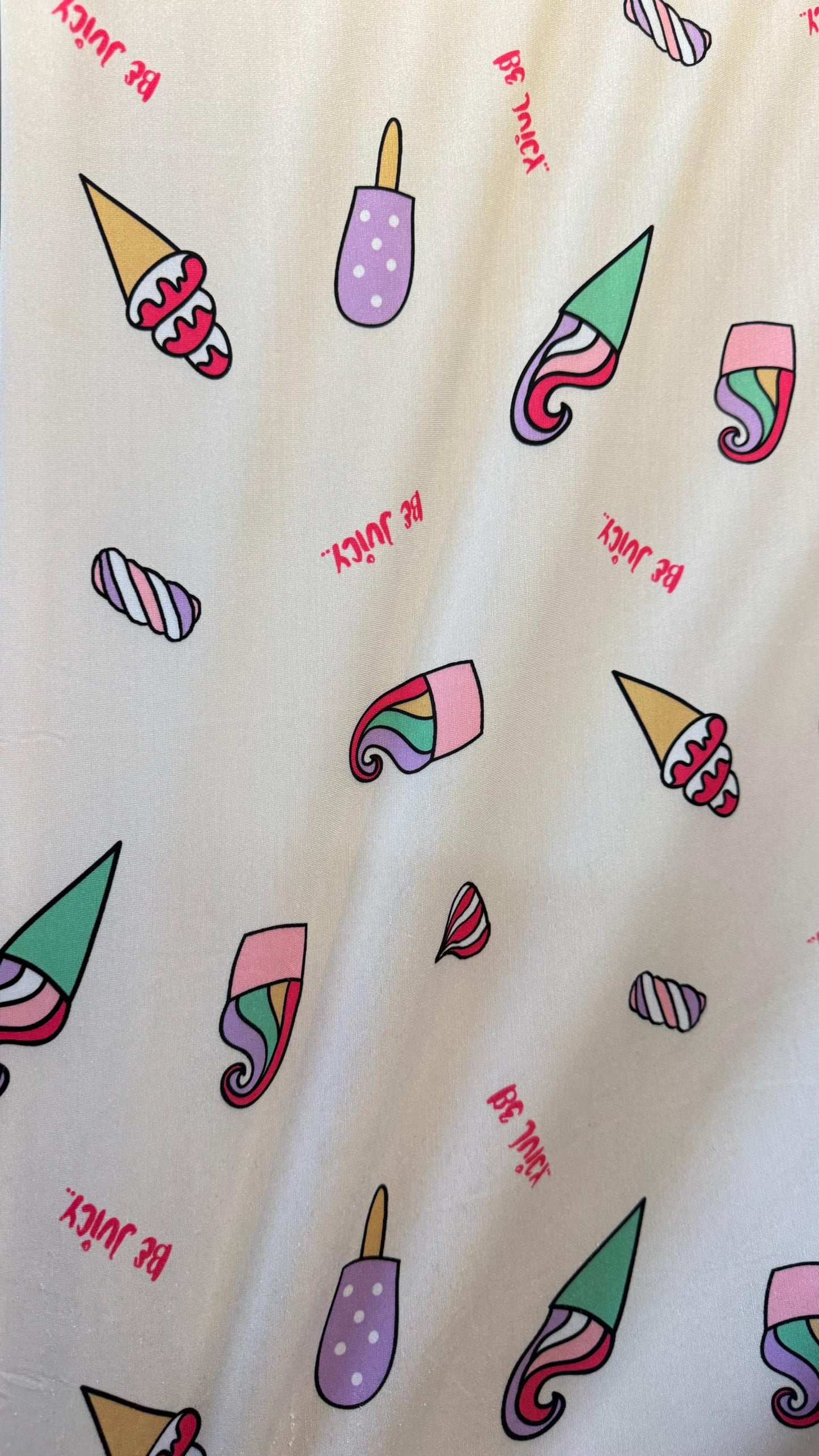 Ice cream design white/multicolor print on great quality of nylon spandex 4-way stretch 58/60”