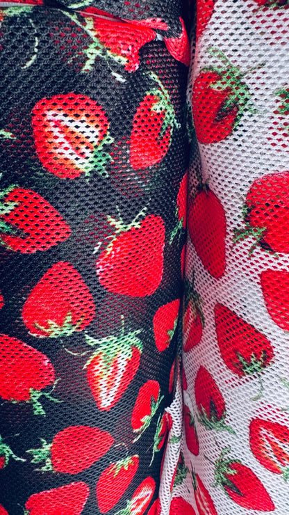 New Strawberry design on stretch fishnet 2-way 58/60” High quality fabrics by AlexLAFabrics