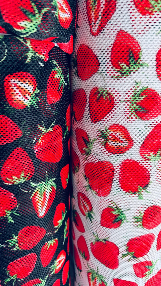 New Strawberry design on stretch fishnet 2-way 58/60” High quality fabrics by AlexLAFabrics