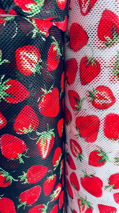 New Strawberry design on stretch fishnet 2-way 58/60” High quality fabrics by AlexLAFabrics