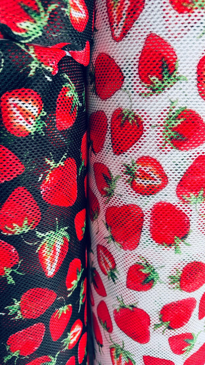 New Strawberry design on stretch fishnet 2-way 58/60” High quality fabrics by AlexLAFabrics