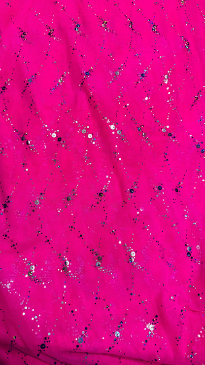 Celestial design hologram sequins on power mesh nylon spandex 4-way stretch 58/60” Sold by the YD. Ships worldwide from LA