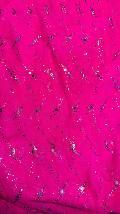 Celestial design hologram sequins on power mesh nylon spandex 4-way stretch 58/60” Sold by the YD. Ships worldwide from LA