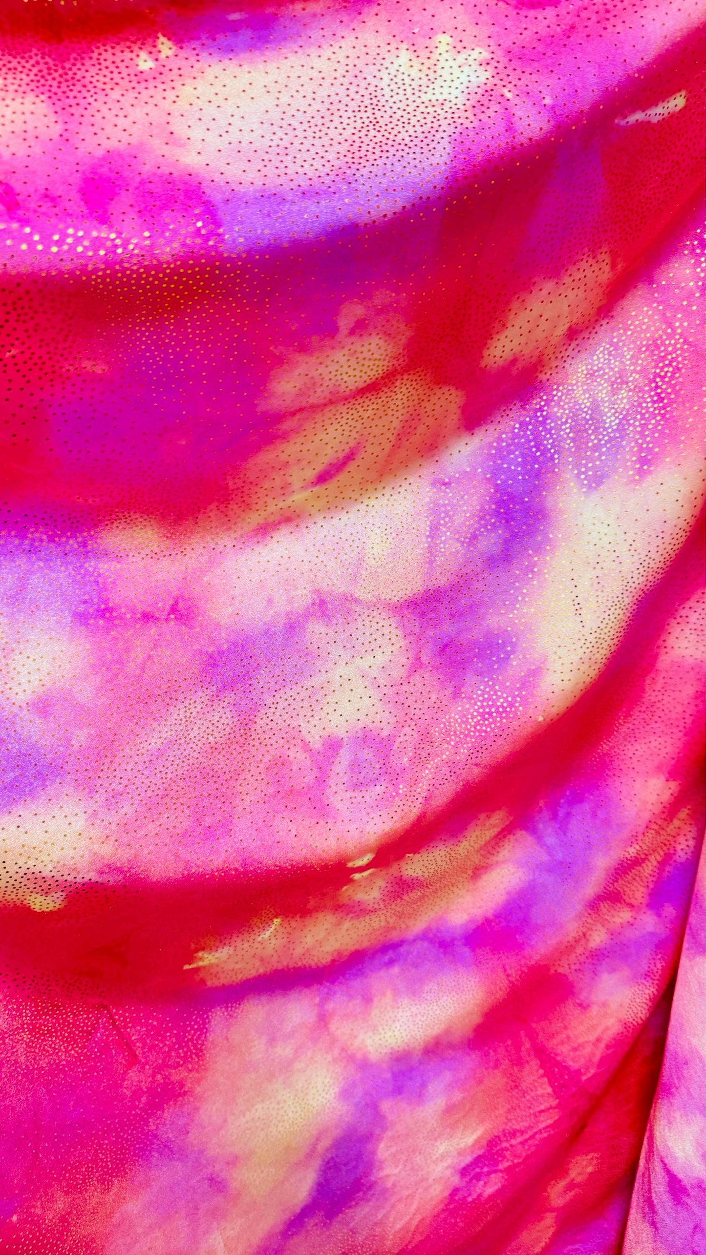 New tie dye nylon spandex with foil  4way Stretch coral/yellow  58/60”  sold by the yd. ships worldwide from Los Angeles California USA