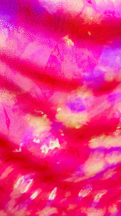 New tie dye nylon spandex with foil  4way Stretch coral/yellow  58/60”  sold by the yd. ships worldwide from Los Angeles California USA