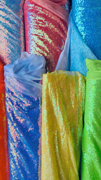 New neon colors iridescent mini sequins design embroidered on spandex mesh  2-way stretch 58/60” Sold by the YD. Ships Worldwide from L.A