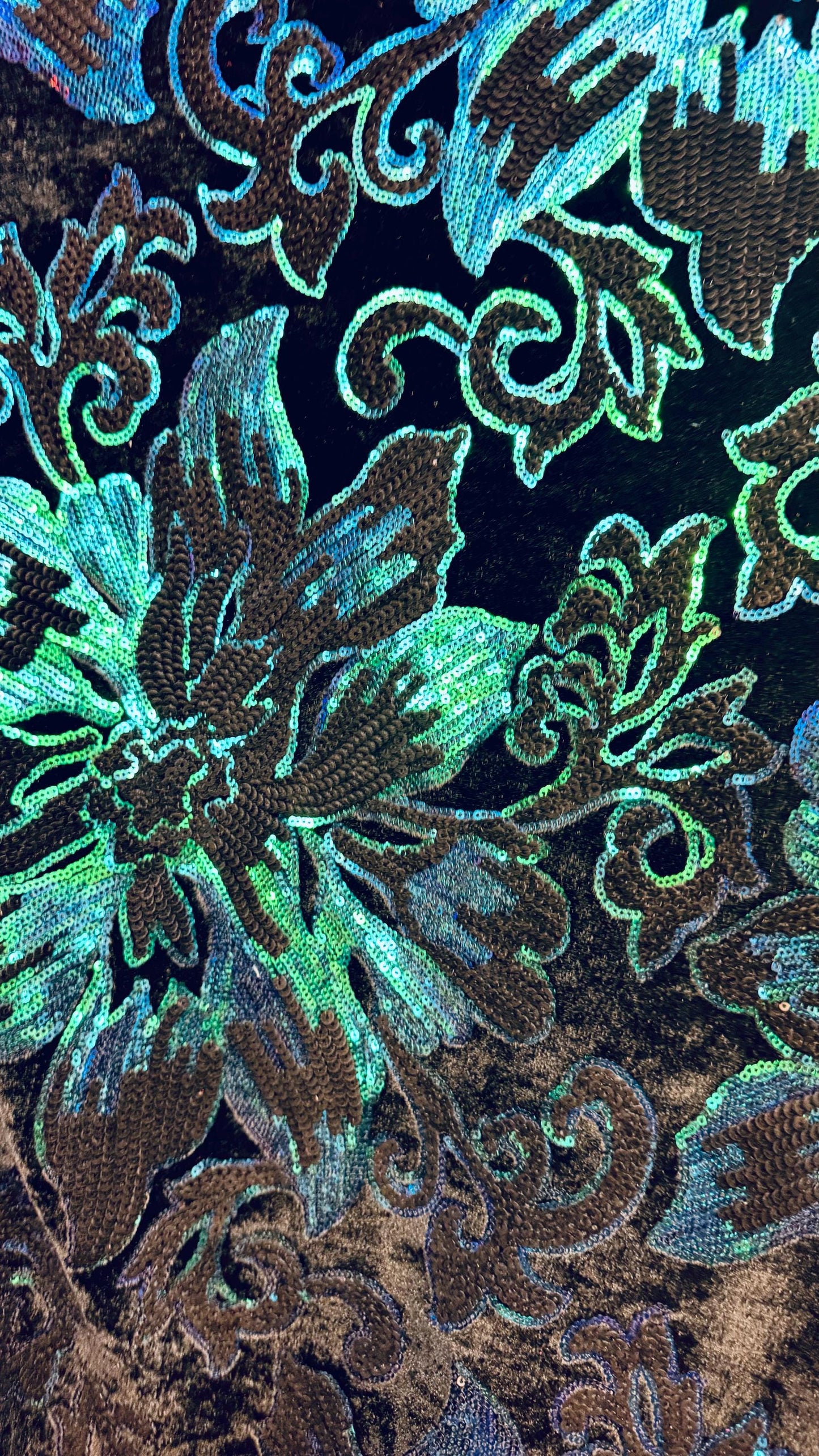 Romantic Flower Iridescent sequins design embroidered on spandex velvet 4-way 58/60” High Quality fabrics by AlexLAFabrics