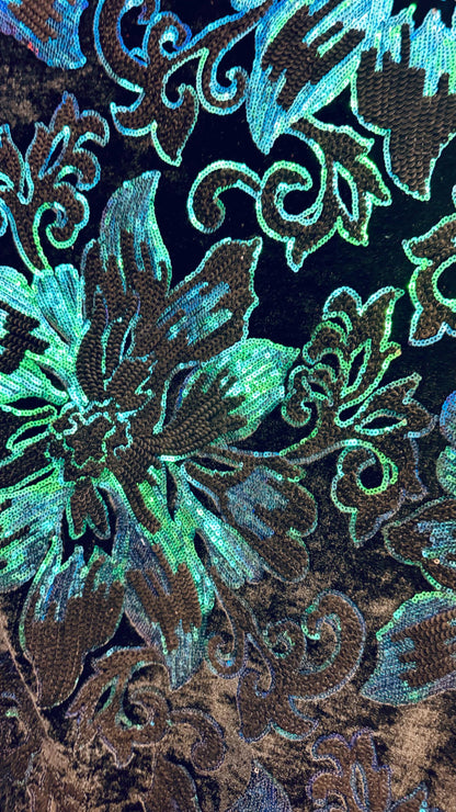 Romantic Flower Iridescent sequins design embroidered on spandex velvet 4-way 58/60” High Quality fabrics by AlexLAFabrics