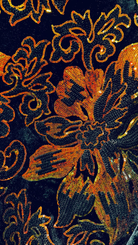 Romantic Flower Iridescent sequins design embroidered on spandex velvet 4-way 58/60” High Quality fabrics by AlexLAFabrics