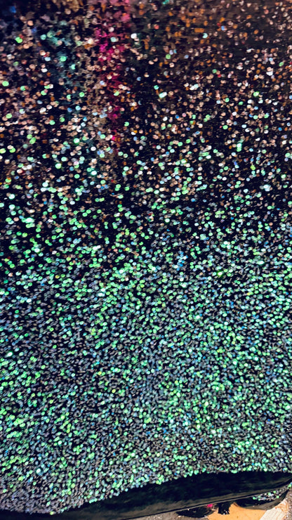 Luxury Ombre sequins Black-Peacock green on  4-way stretch velvet 58/60” high quality fabrics by AlexLAFabrics