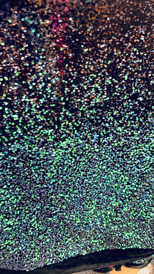 Luxury Ombre sequins Black-Peacock green on  4-way stretch velvet 58/60” high quality fabrics by AlexLAFabrics