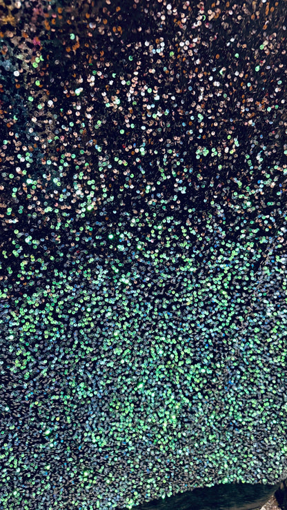 Luxury Ombre sequins Black-Peacock green on  4-way stretch velvet 58/60” high quality fabrics by AlexLAFabrics