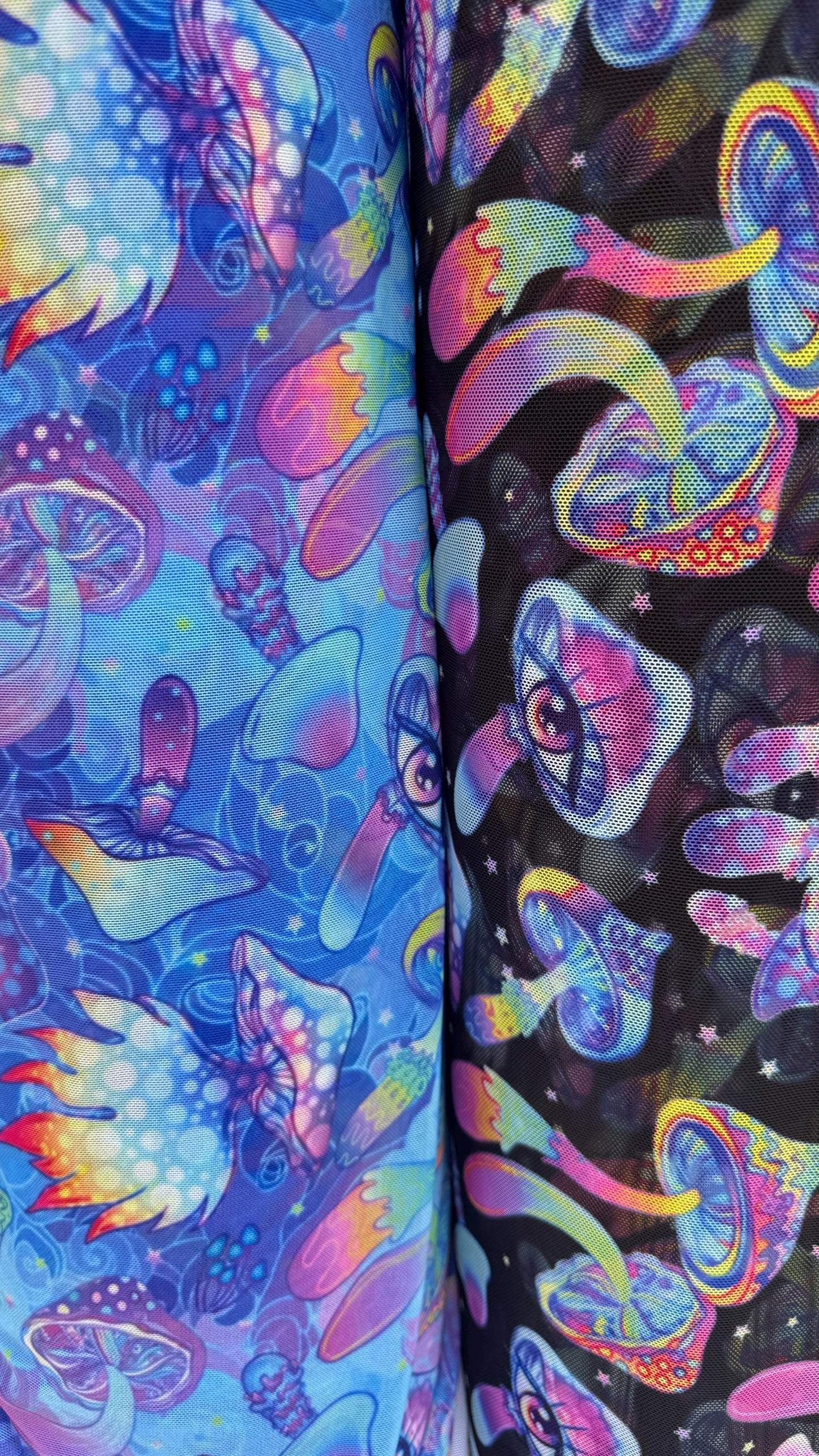 New Magic Mushrooms design print on great quality of nylon spandex power mesh  4-way stretch 58/60” Sold by the YD. Ships Worldwide