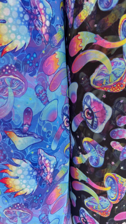 New Magic Mushrooms design print on great quality of nylon spandex power mesh  4-way stretch 58/60” Sold by the YD. Ships Worldwide