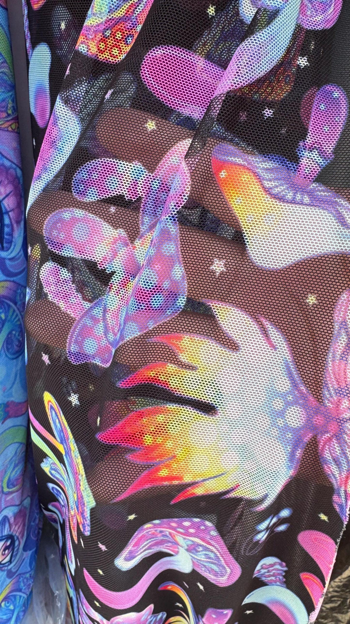 New Magic Mushrooms design print on great quality of nylon spandex power mesh  4-way stretch 58/60” Sold by the YD. Ships Worldwide