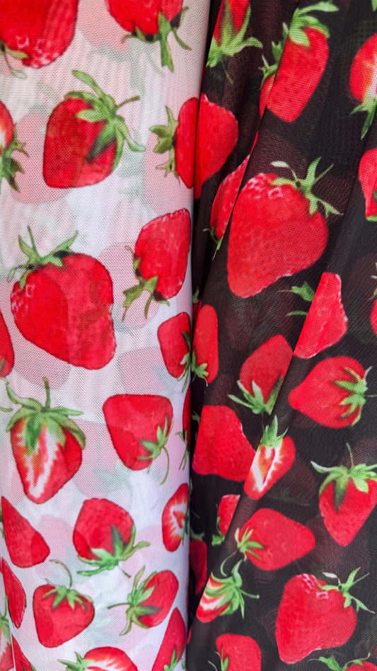 New Strawberry design print on best quality of Nylon spandex power mesh  4-way stretch 58/60” High quality fabrics by AlexLAFabrics