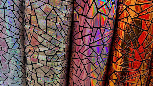 New colors shattered glass design Iridescent foil sequins embroidered on stretch velvet 4-way 58/60” Sold by the YD. Ships Worldwide