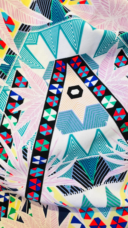 New tropical design multicolor print on nylon spandex 4-way stretch 58/60” Sold by the YD. Ships worldwide from Los Angeles California USA.