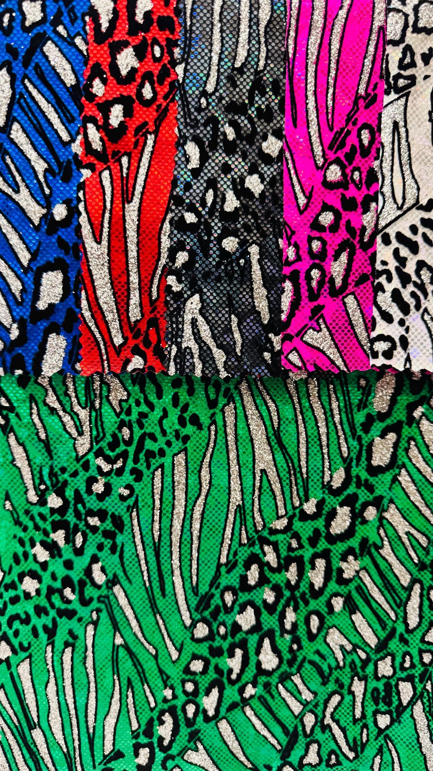New Safari design metallic nylon spandex with flocking and glitter 4way 58/60" Sold by the YD. Ships worldwide from Los Angeles California.