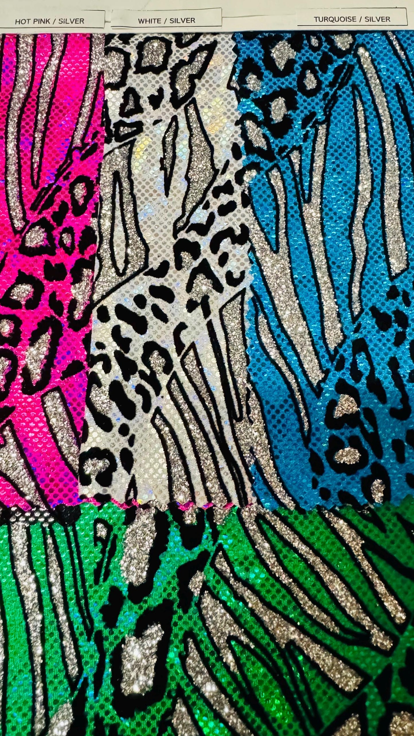 New Safari design metallic nylon spandex with flocking and glitter 4way 58/60" Sold by the YD. Ships worldwide from Los Angeles California.
