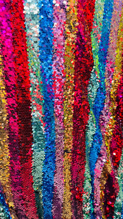 New Stripes design multicolor rainbow sequins on stretch mesh 4-way 55/57” Sold by the YD. Ships worldwide from Los Angeles California USA.