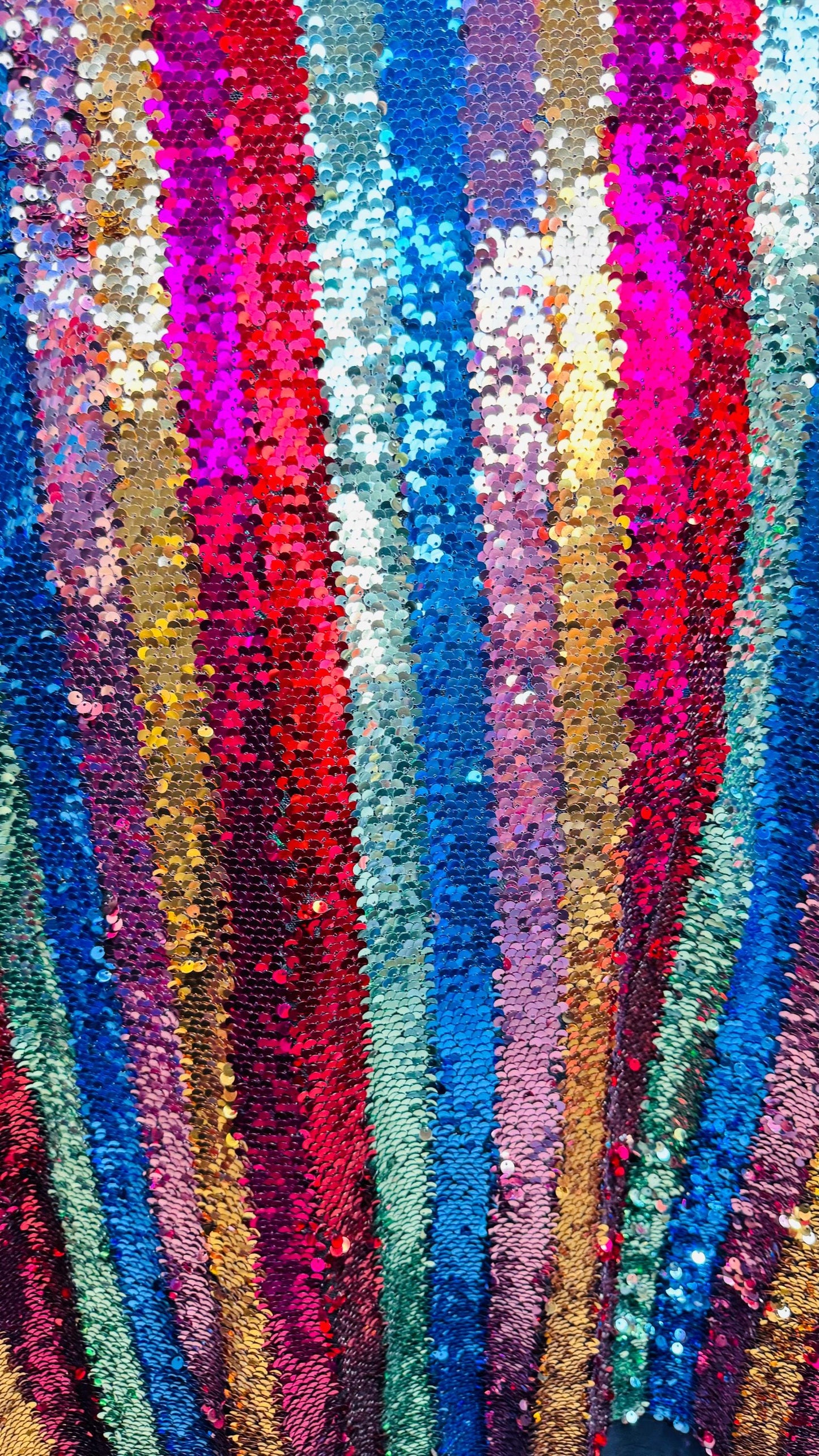 New Stripes design multicolor rainbow sequins on stretch mesh 4-way 55/57” Sold by the YD. Ships worldwide from Los Angeles California USA.