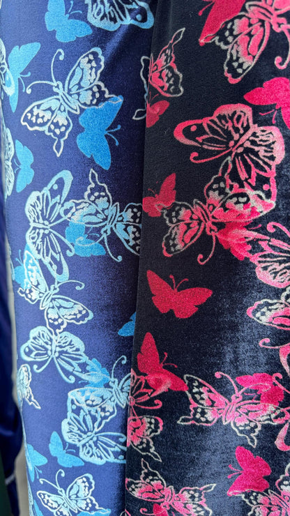 Butterfly design print on best quality of stretch velvet 420 GM 4-way stretch 58/60” Sold by the YD. Ships Worldwide from Los Ang