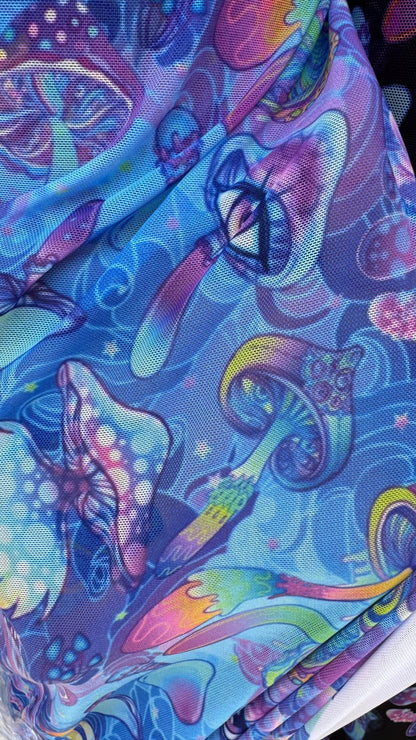 New Magic Mushrooms design print on great quality of nylon spandex power mesh  4-way stretch 58/60” Sold by the YD. Ships Worldwide