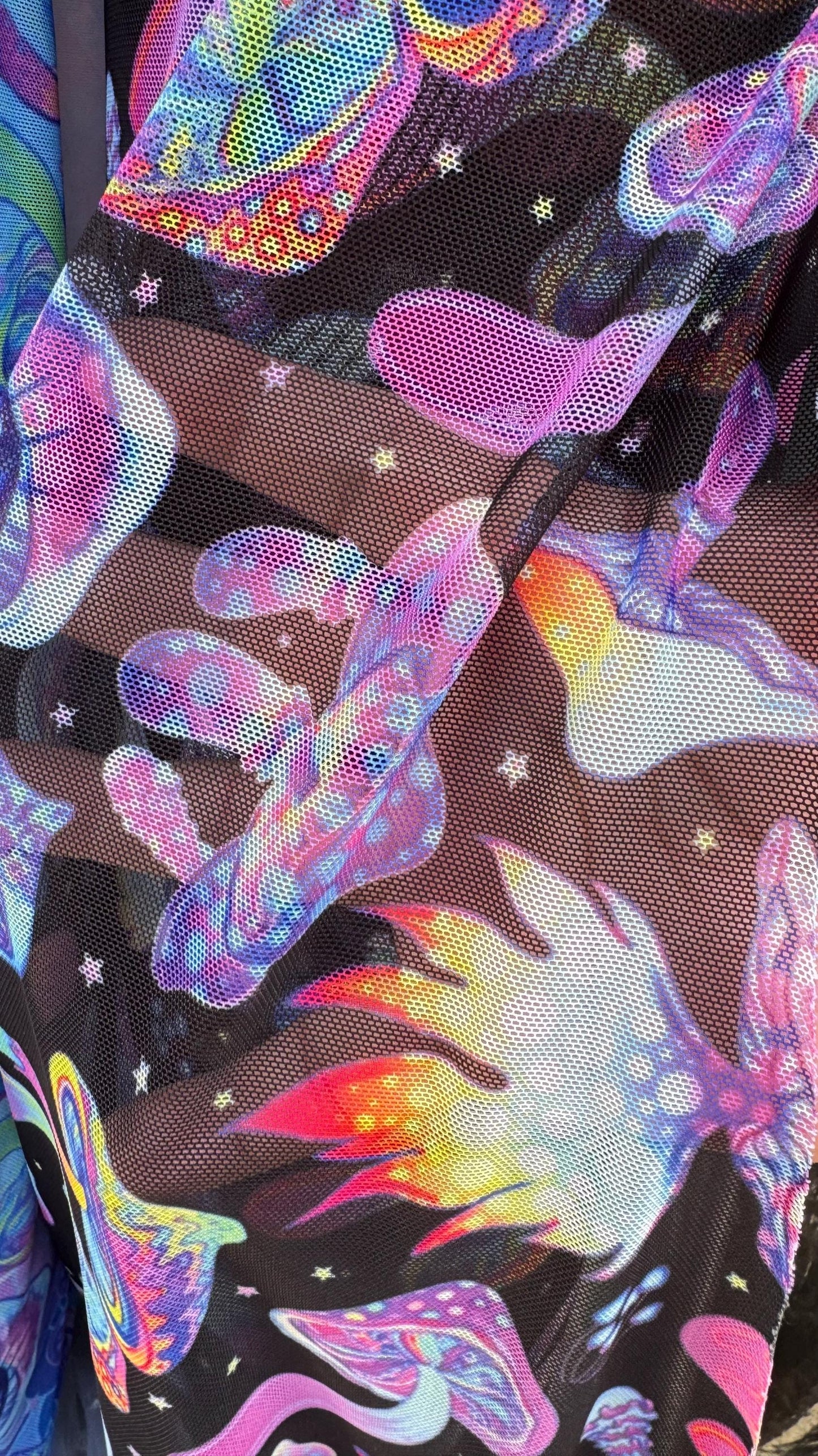 New Magic Mushrooms design print on great quality of nylon spandex power mesh  4-way stretch 58/60” Sold by the YD. Ships Worldwide