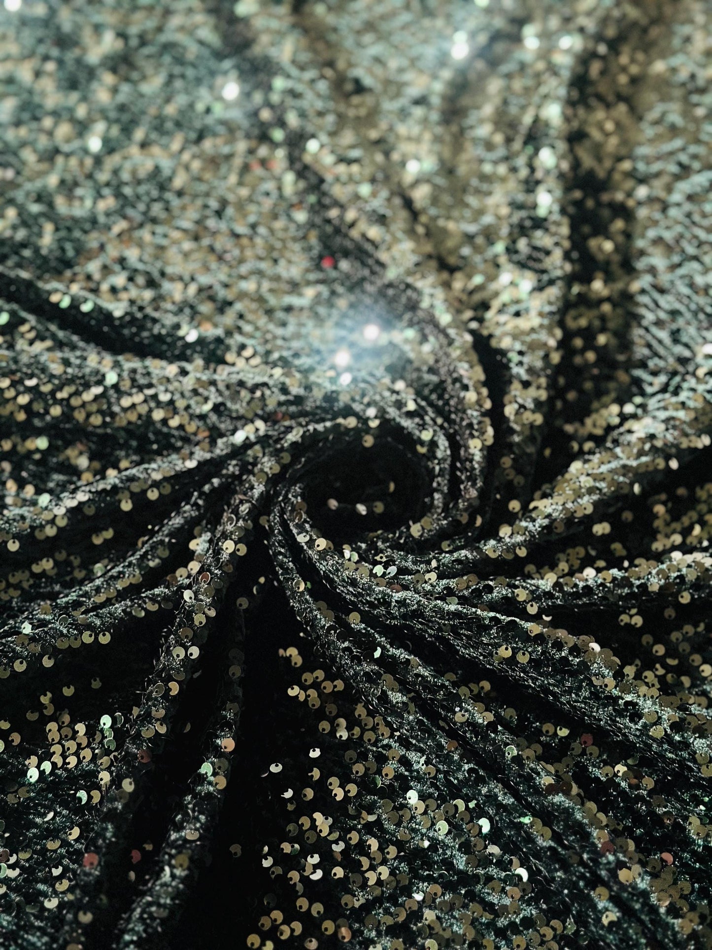 New stretch velvet with luxury sequins Hunter Green all over 5mm shining sequins 2-way stretch 58/60” Sold by the YD. Ships worldwide