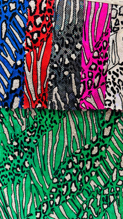 New Safari design metallic nylon spandex with flocking and glitter 4way 58/60" Sold by the YD. Ships worldwide from Los Angeles California.