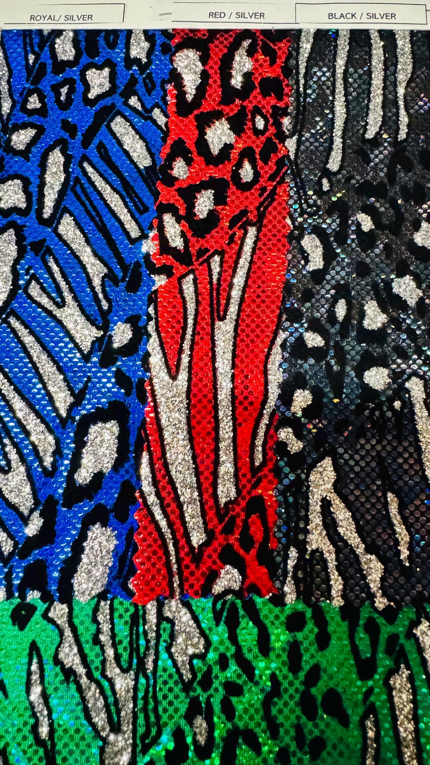 New Safari design metallic nylon spandex with flocking and glitter 4way 58/60" Sold by the YD. Ships worldwide from Los Angeles California.