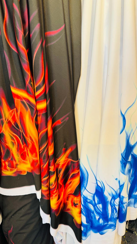 Flames design Black/Fire and White/Sapphire print on great quality of nylon spandex 4-way stretch 58/60” Sold by the YD. Ships Worldwide