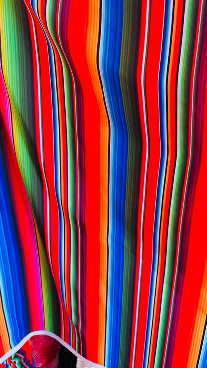 Zarape design colorful striped multicolor print on great quality of nylon spandex 4-way stretch 58/60” Sold by the YD.
