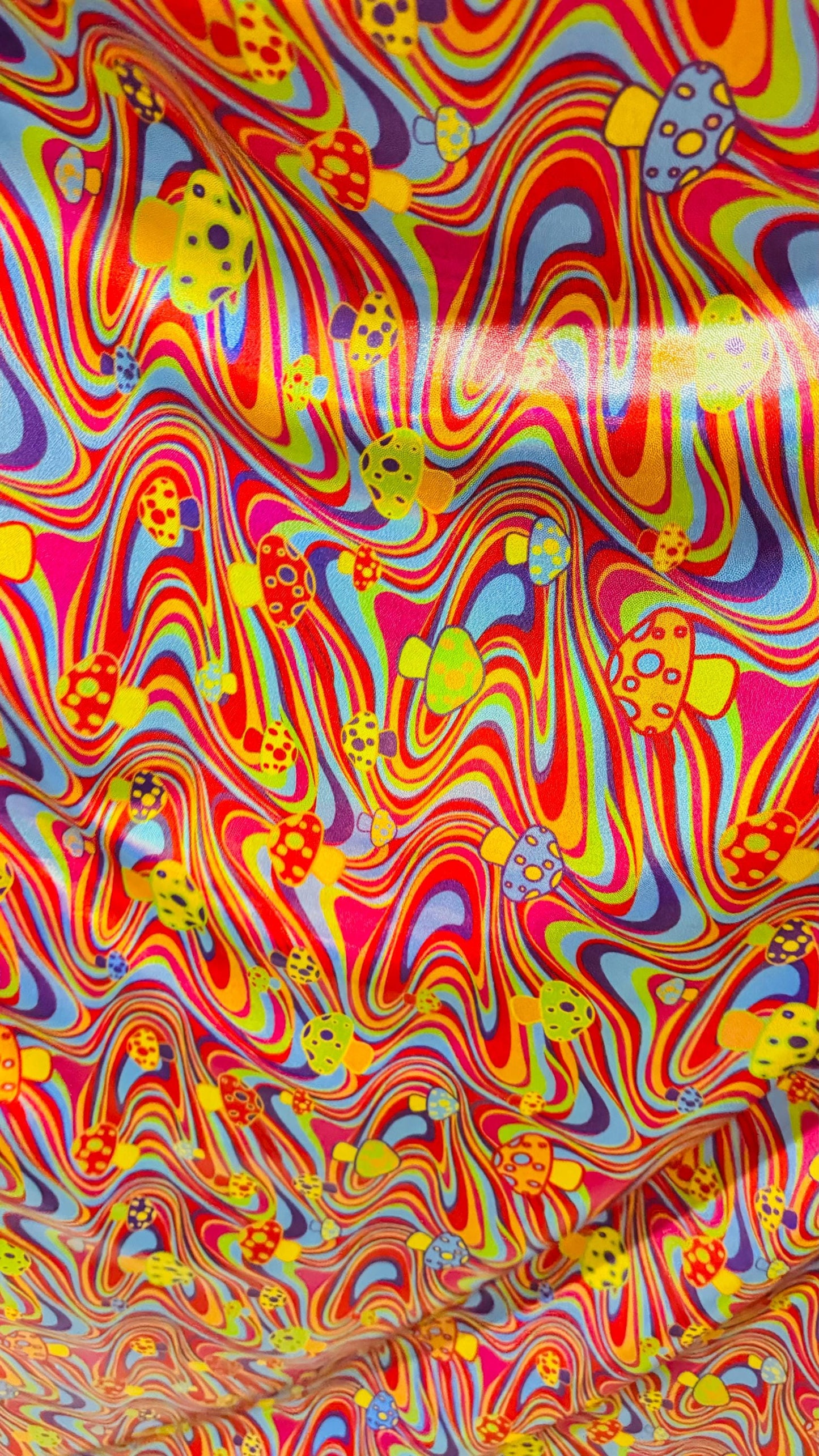 Psychedelic Iridescent Mushrooms 3D design Multicolor metallic hologram nylon spandex fabric 4-way 58/60” Sold by the YD.