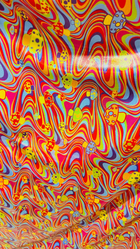 Psychedelic Iridescent Mushrooms 3D design Multicolor metallic hologram nylon spandex fabric 4-way 58/60” Sold by the YD.