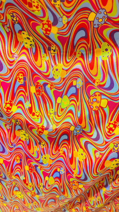 Psychedelic Iridescent Mushrooms 3D design Multicolor metallic hologram nylon spandex fabric 4-way 58/60” Sold by the YD.