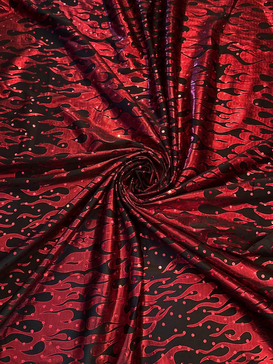 Flames design Hologram Red/Black poly spandex 4 way stretch 58/60" Sold by the YD. Ships worldwide from Los Angeles California USA